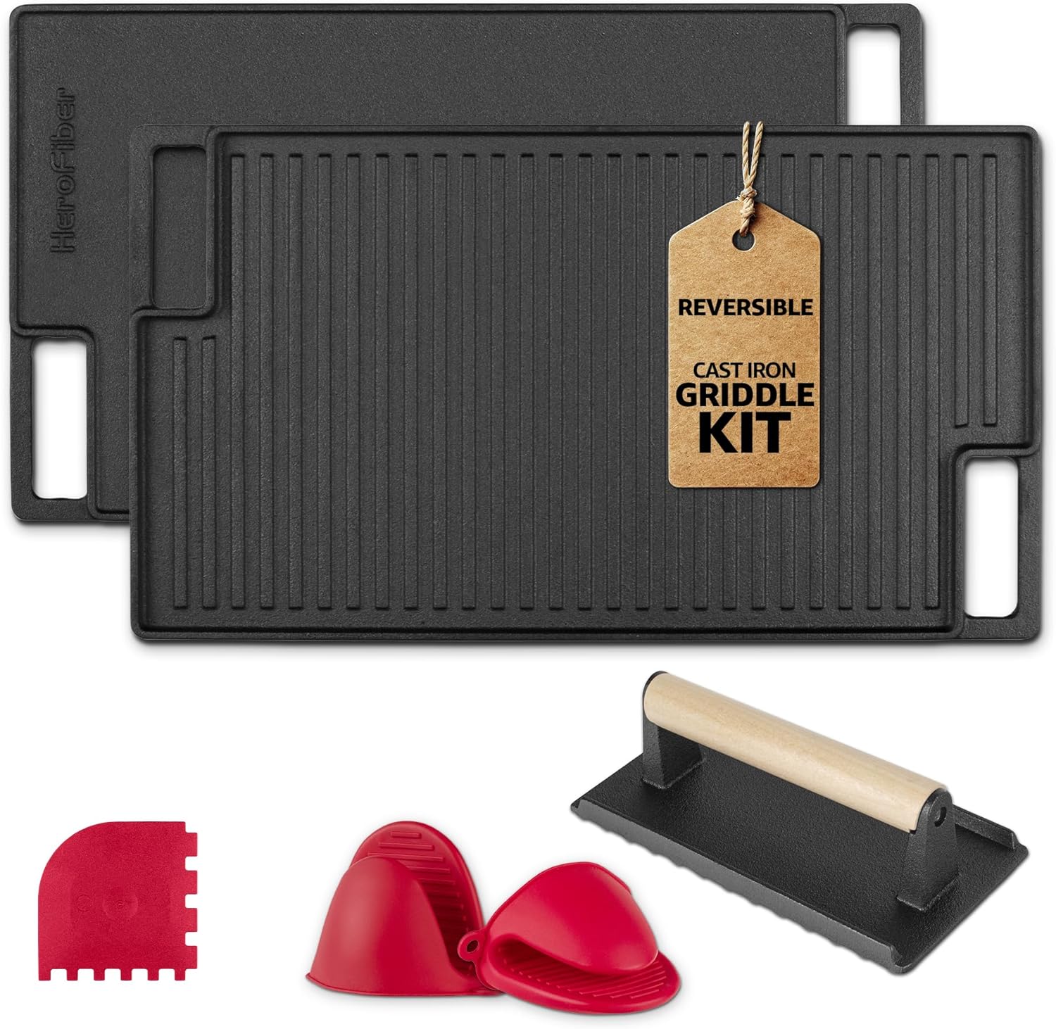 Cast Iron Reversible Grill/Griddle Set with Press, Scraper & Mitts - Pre-Seasoned, Non-Stick - 16.75" x 9.5" - Gas Stove, Grill, Camping, Indoor and Outdoor Cooking